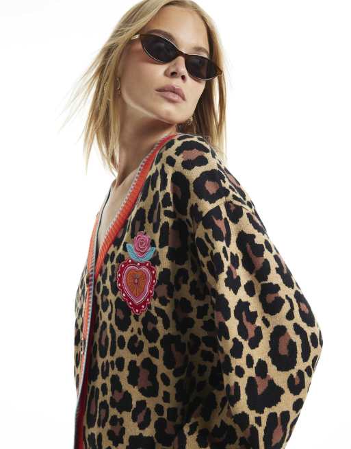 River Island Leopard print floral heart cardigan in multi colour, 3 of 4