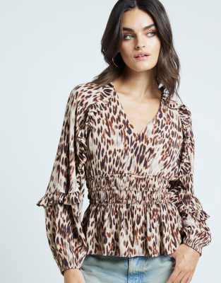 Shop River Island Leopard print frill blouse in beige dark Online – Trendy & Affordable Fashion