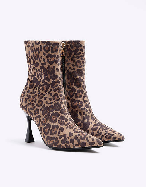 River Island Leopard print heeled ankle boots in beige - dark | ASOS