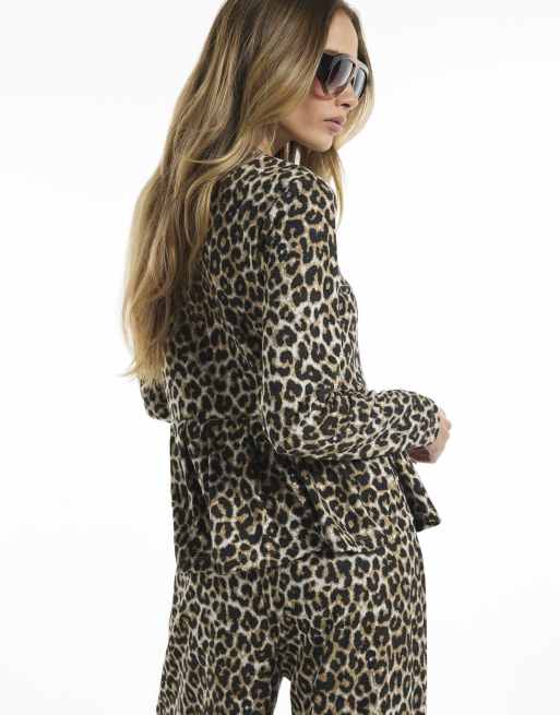 River Island Leopard print jacquard peplum cardigan in brown, 4 of 4