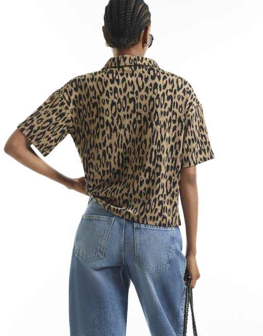River Island Leopard print jacquard polo top in brown, 4 of 4