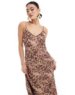 River Island leopard print maxi slip dress in beige ASOS