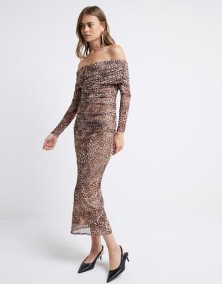 River Island Leopard Print Mesh Bardot Midi Dress In Brown Light Asos