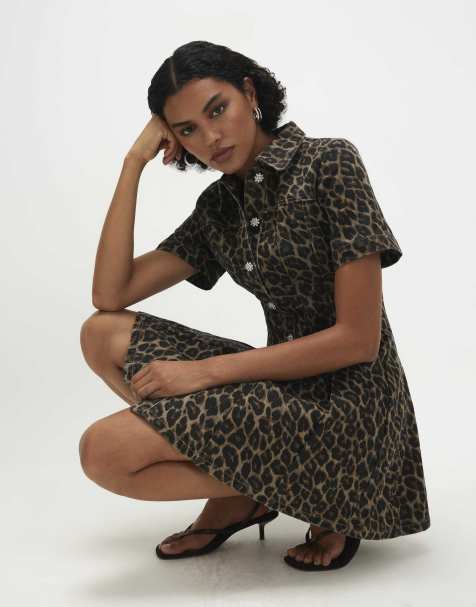 River Island Leopard print pleat front denim dress in brown - view 1