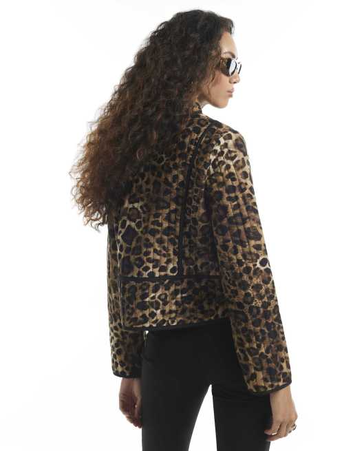 River Island Leopard print quilted drummer jacket in brown, 4 of 4