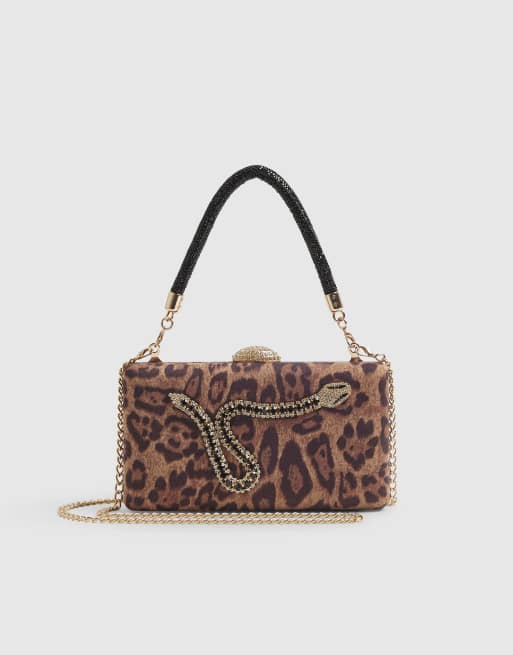 River Island Leopard print snake hard clutch bag in brown, 4 of 4