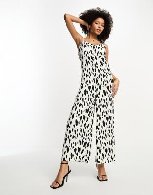 River Island Leopard Print Tie Strap Wide Leg Jumpsuit In Black And White