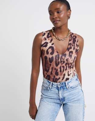 River Island Leopard print v-neck bodysuit in brown