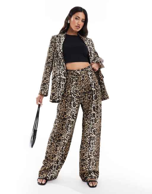 River Island leopard print wide leg pants in light brown (part of a set)