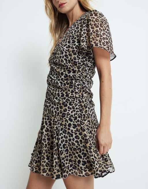 Women's Leopard Print Mini Dress With Ruffle Hem & Mesh Lining - Bodycon Summer Sundress