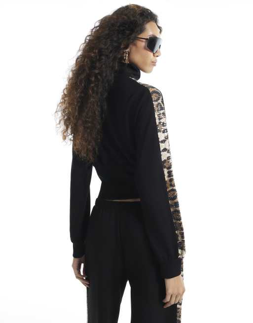 River Island Leopard sequin zip sweatshirt in black, 3 of 4
