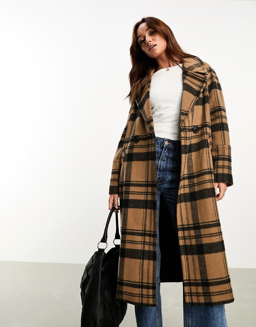 River Island Light Check Oversized Slouch Coat in Brown