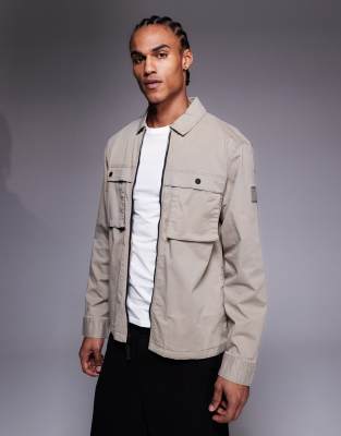 River Island Lightweight Badge Detail Zip Overshirt In Gray