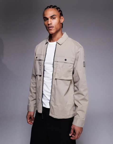 River Island lightweight badge detail zip overshirt in light stone
