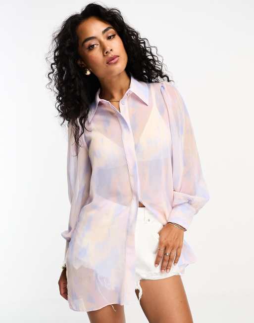 River Island – Liliowa szyfonowa koszula w akwarelowy wzór, 2 z 4