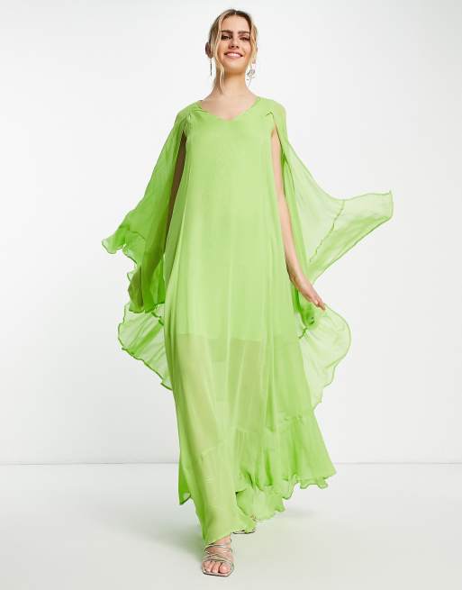 River Island - Limegrøn flagrende maxikjole i chiffon med flæser
