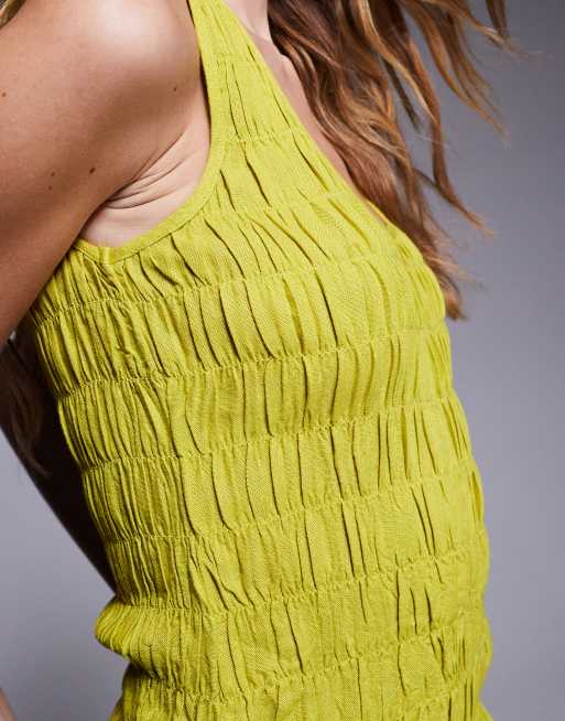 River Island – Limonkowa lniana sukienka mini z bufiastym dołem, 2 z 4