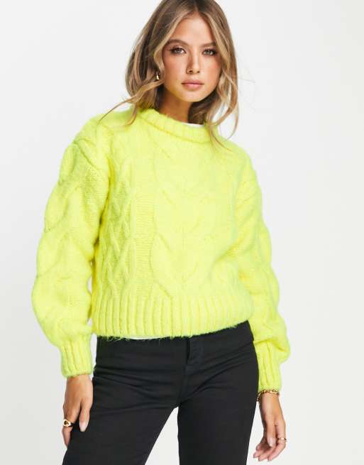 River Island – Limonkowy luźny sweter o splocie warkoczowym
