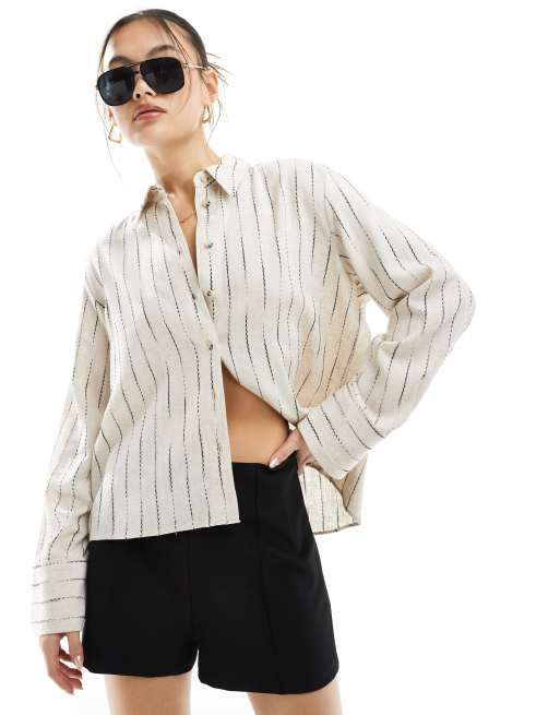 River Island line cropped collared shirt in beige