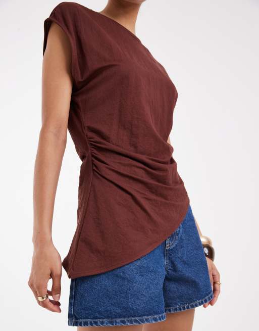 River Island linen asymmetric hem top in brown , 3 of 4