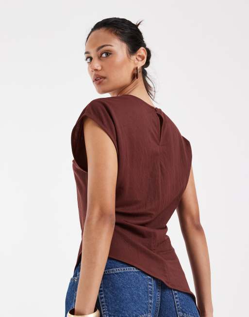 River Island linen asymmetric hem top in brown , 4 of 4