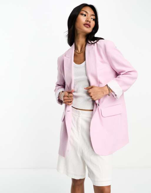 River Island linen blazer with stripe cuff detail in pink | ASOS