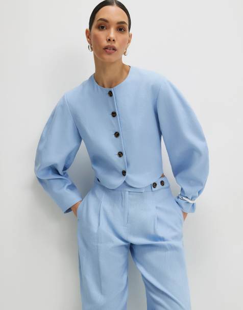 River Island Linen blend balloon sleeve jacket in blue - light - view 1