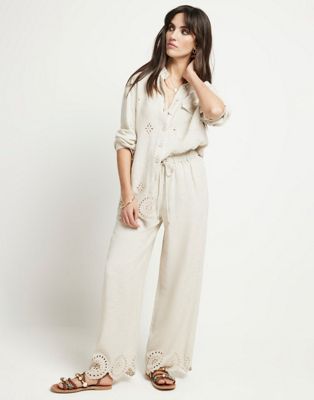 River Island Linen blend broderie trousers in stone - light