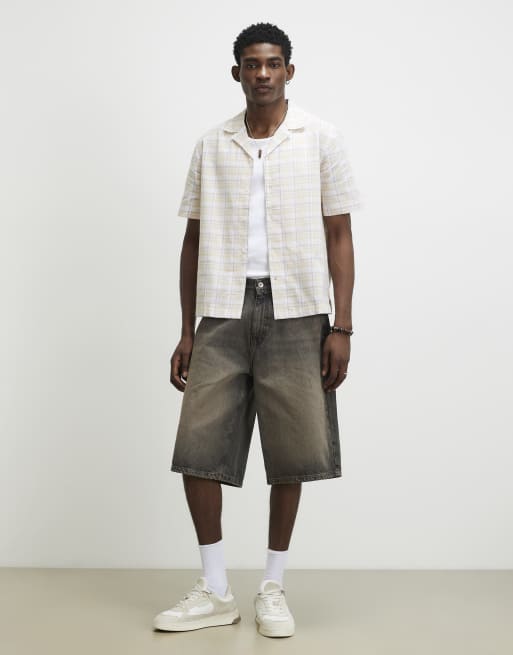 River Island Linen blend check shirt in yellow, 3 of 4