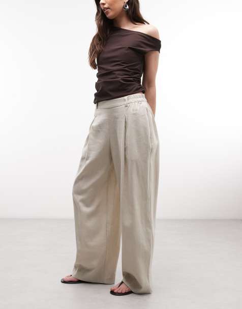 River Island linen blend elasticated waist wide leg pants in beige - view 1