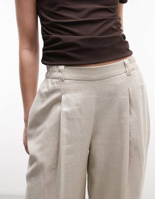 River Island linen blend elasticated waist wide leg trouser in beige, 3 of 5