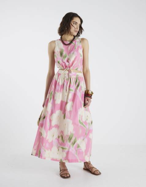 River Island Linen blend floral print midi skirt in pink - light - view 1