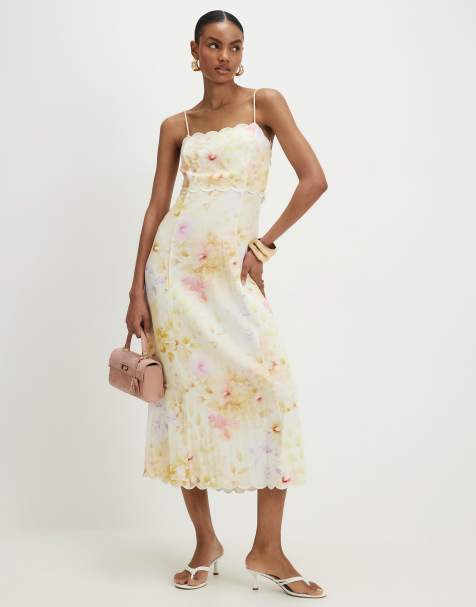 River Island Linen blend floral scallop midi dress in cream - view 1