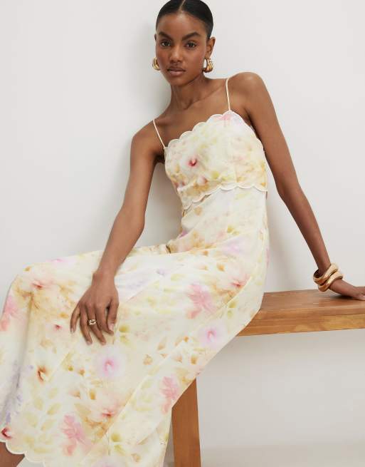 River Island Linen blend floral scallop midi dress in cream | ASOS