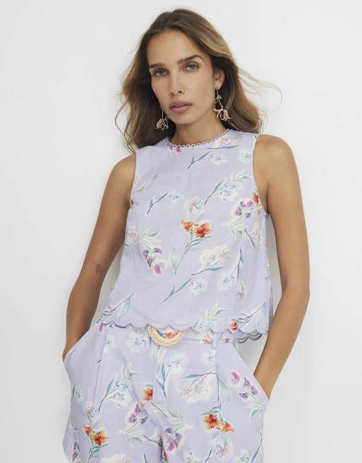 River Island Linen blend floral tank top in purple, 2 of 4