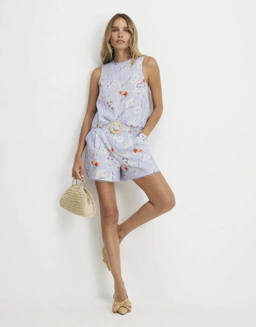 River Island Linen blend floral tank top in purple, 3 of 4