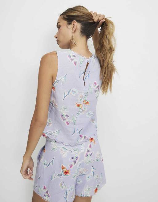 River Island Linen blend floral tank top in purple, 4 of 4