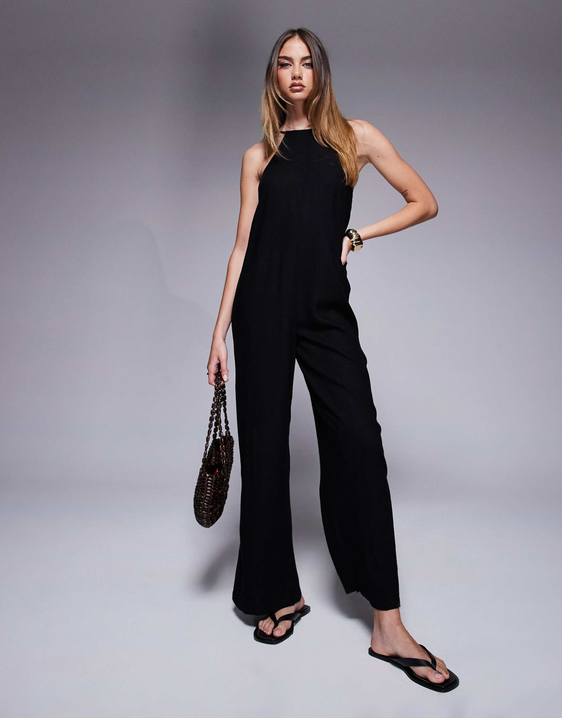 river island linen blend jumpsuit in black