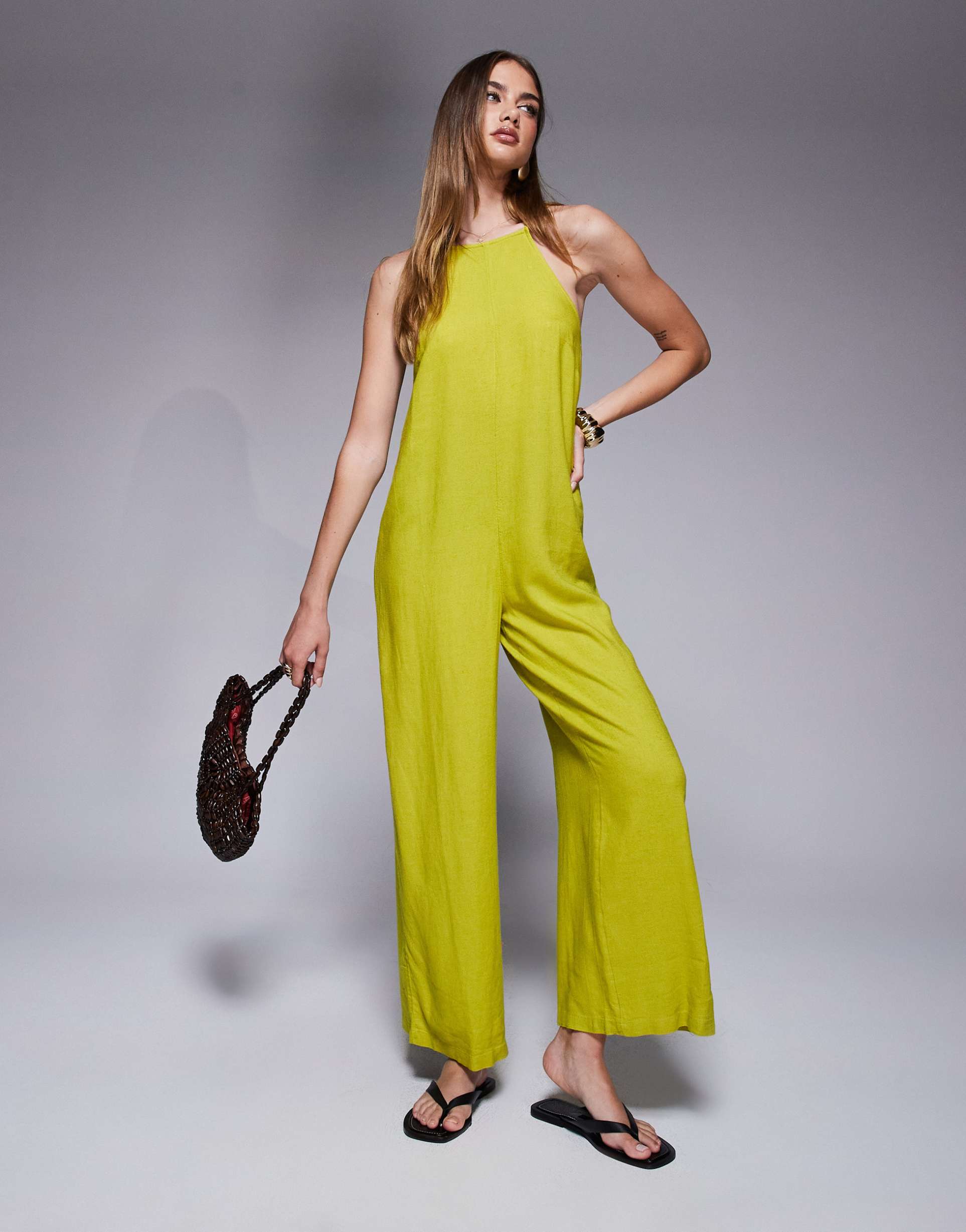 river island linen blend jumpsuit in lime green
