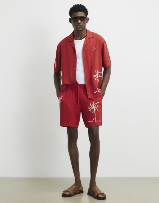 River Island Linen blend roping shirt in red, 3 of 4