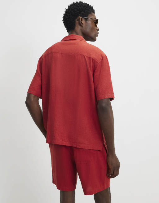 River Island Linen blend roping shirt in red, 4 of 4