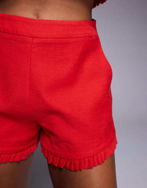 River Island linen blend ruffle shorts in red (part of a set), 3 of 5