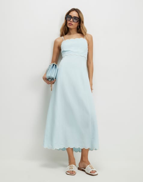 River Island Linen blend scallop trim midi dress in blue - view 1