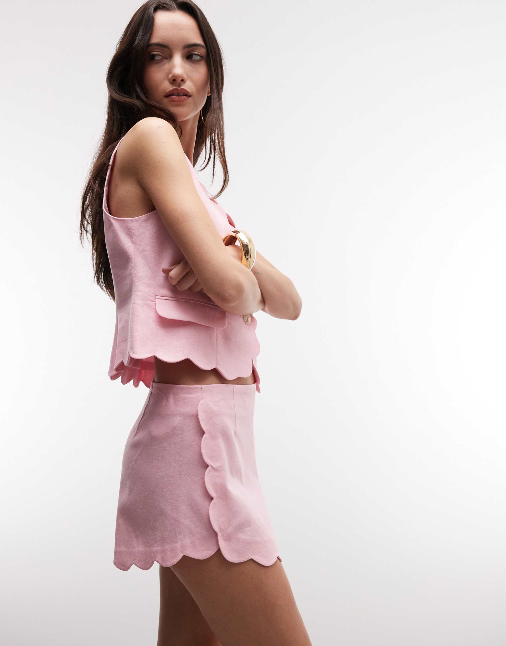 river island linen blend scalloped shorts in pink - part of a set
