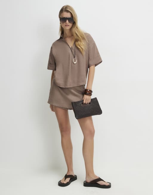 River Island Linen blend short sleeve shirt in beige , 3 of 4