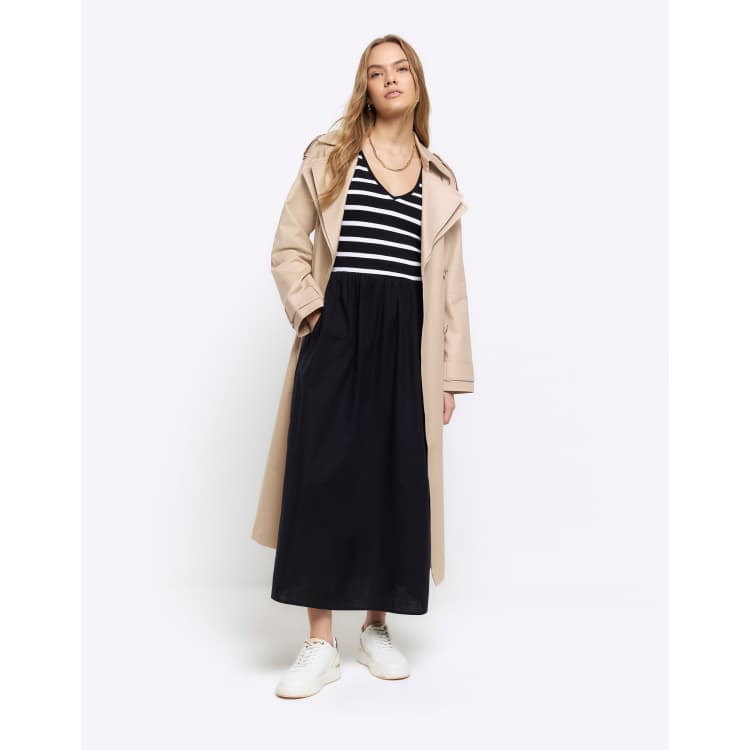 River Island Linen blend stripe skater midi dress in black | ASOS