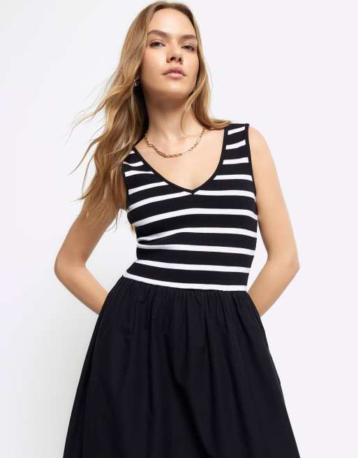River Island Linen blend stripe skater midi dress in black ASOS