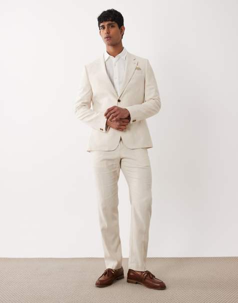 River Island linen blend suit jacket and slim trousers in light stone - view 1