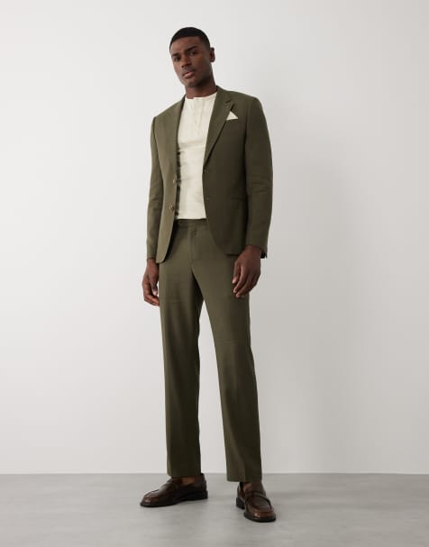 River Island linen blend suit trousers in khaki - view 1