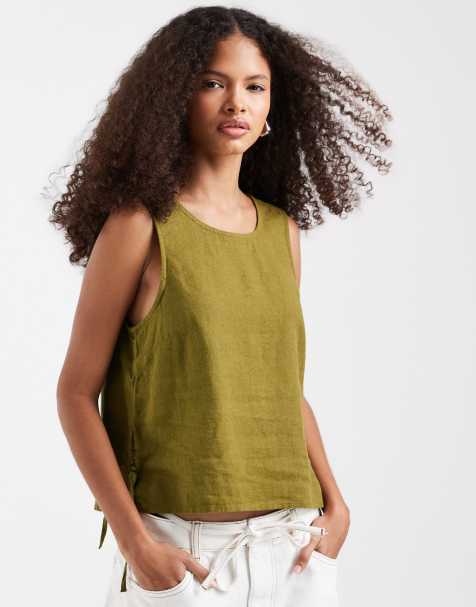 River Island linen blend tank in khaki - view 1